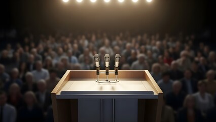 Configuraci&oacute;n de una conferencia de prensa con micr&oacute;fonos en el podio y periodistas al fondo para el d&iacute;a de la prensa