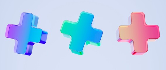 Set of 3D medical cross icons, healthcare and first aid concept. Colorful gradient glass like icon, trending glass holographic icon, for graphic design, UI UX interfaces, 3d render illustration.  © StockStyle
