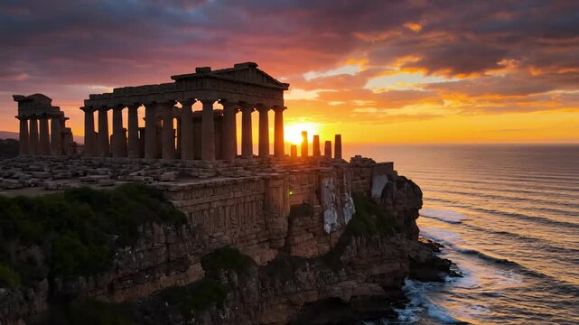 Epic cinematic wide shot during golden hour capturing sunlit ancient coastal temple ruins silhouetted against a breathtaking vibrant orange sky epic scale, archaeological find, serene atmosphere