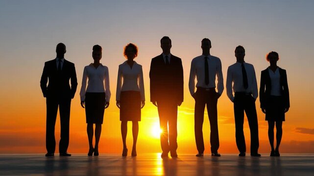 Silhouette of a United Business: Silhouetted against a radiant sunset, a group of business professionals stands together, embodying strength, unity, and a shared vision of success. 