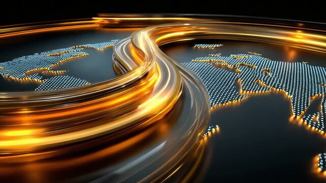 Global Network Pathways: Dynamic light trails weave across a stylized world map, symbolizing the flow of data, information, and interconnectedness in a technologically advanced world.