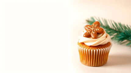 Tasty Christmas cupcake with gingerbread cookie on beige background