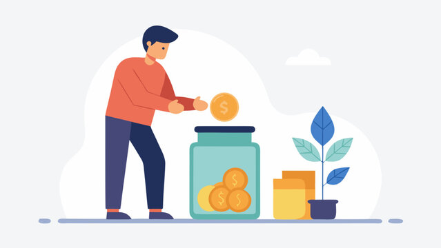 Man putting coin into jar representing saving money and financial growth in a flat style illustration