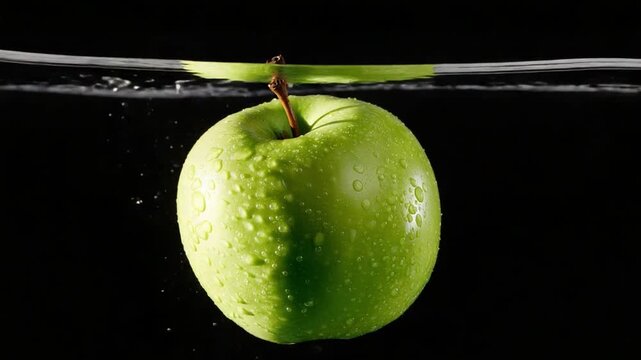 Apples plunge into Water: Capturing a crisp green apple as it plunges into water, showcasing a refreshing and pure aesthetic, a single slice floating above.