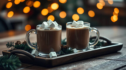 Strong moody style, a close-up of two clear glass mugs of hot chocolate with marshmallows on a rustic tray with festive decorations