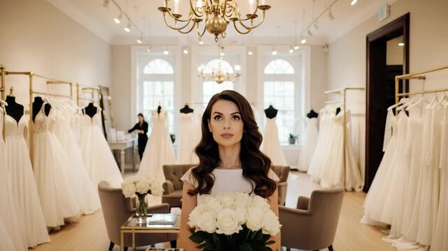 A beautiful young adult caucasian female holds a white rose bouquet in a luxurious bridal salon. She poses elegantly among rows of exquisite wedding gowns, embodying future happiness
