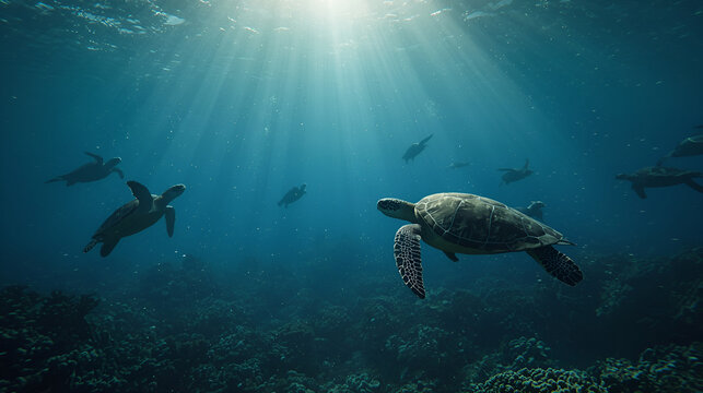 Sea turtles under the water