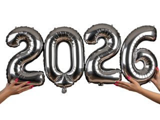 Four Hands Holding red Balloons Forming '2026' Under Clear Blue Sky: Symbolizing New Year Festive Celebration