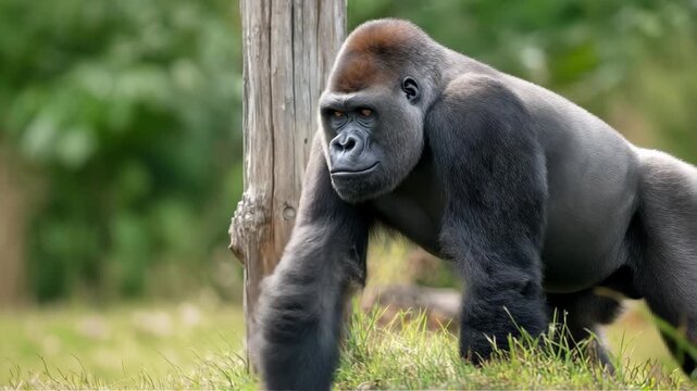 Closeup of a silverback gorilla standing near a weathered wooden post in a grassy, natural habitat, 4k high quality footage