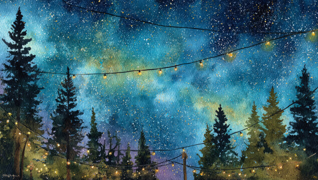 Watercolor night sky string lights forest stars twinkle create dreamy outdoor ambiance