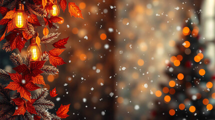 Creative light art with warm autumn colors, earthy and cozy, artistic lighting, abstract patterns, for a highly detailed Christmas background