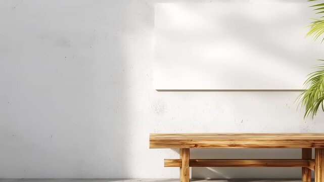Wooden bench under blank rectangle framed sign next to palm leaves on textured wall, shadows cast