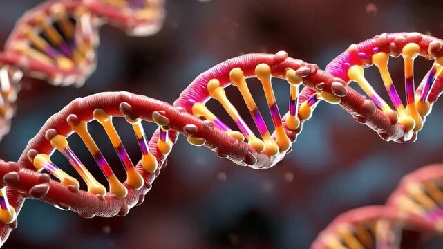 DNA strand closeup: An intricate helix of a DNA strand, a symbol of life's fundamental blueprint, rendered in vibrant colors with a sense of scientific exploration and biological study.