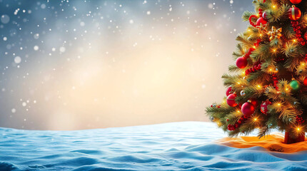 Bright, vibrant, lively, and energetic colors, featuring a decorated Christmas tree with glowing lights and ornaments on the right