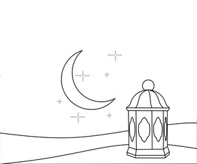 Crescent moon and lamtern line vector,muslim lantern line background image,islamic lantern and crescent moon line illustration ,ramadhan line design background 