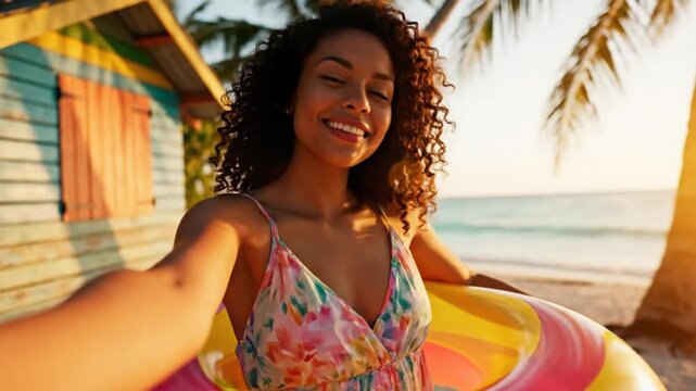 Happy woman with curly hair poses for selfie with beach float on sunny tropical seaside, embracing vacation life