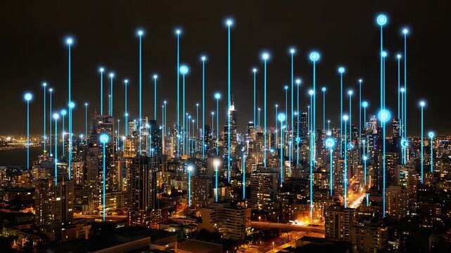 Digital City: A vibrant cityscape at night, interlaced with glowing digital connections, symbolizing the interconnectedness of modern technology.