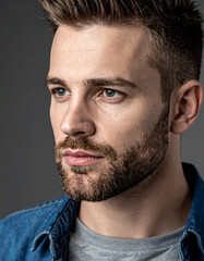Obraz premium Close-up portrait of a young man with a beard and blue eyes wearing a denim shirt