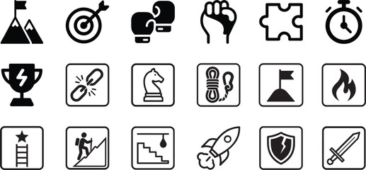 Challenge icon set showing goal, target, obstacle and achievement symbols in bold vector style isolated.
