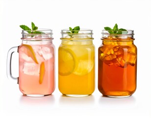Refreshing Summer Drinks: Three vibrant mason jars, each filled with a unique summer drink and garnished with fresh mint, offer a spectrum of flavors and textures, perfect for a hot day.