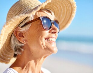 Radiant Coastal Serenity: A smiling senior woman basks in the sun's embrace, her face alight with joy as she enjoys a blissful day by the shore. 