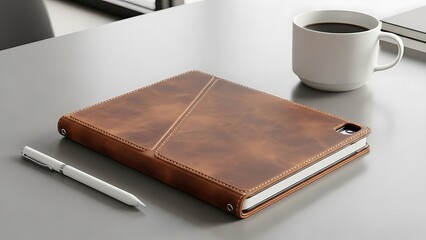 Brown Leather Tablet Case with Pen and Coffee Cup on Desk