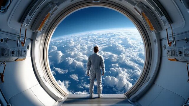 Gazing into the Cosmos: An astronaut, dwarfed by the enormity of space, stands at the portal of a spacecraft, gazing upon the breathtaking panorama of Earth from the cosmos.