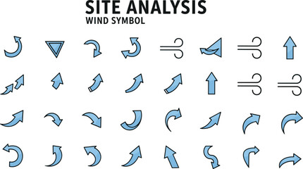Collection of blue arrow and wind symbols for site analysis and navigation icon