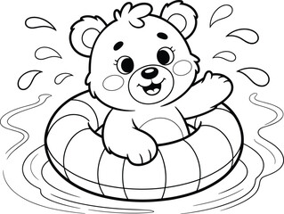 Cute cartoon bear cub in an inner tube splashing in water, black and white line art animal