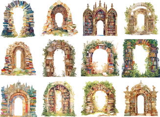Naklejka premium Book Arched Portal watercolor clipart