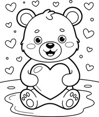 Cute cartoon teddy bear holding a heart surrounded by hearts and circles love valentine