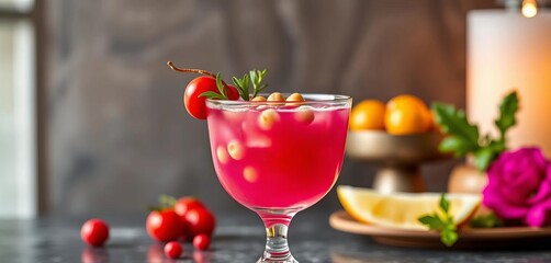Vibrant pink chickpea cocktail in a glass with garnish,  chickpea,  colorful