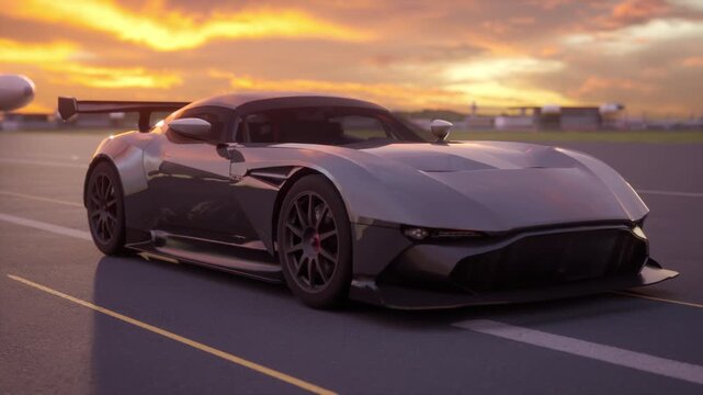 Modern Gray Sports Car with Spoiler Driving on Asphalt Road at Sunset