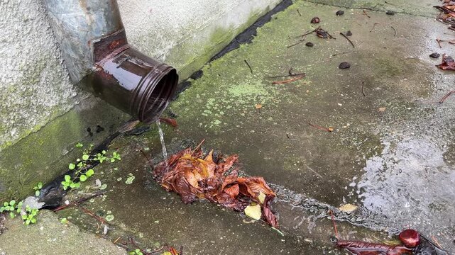 Water draining down an old drainpipe in bad weather, the water flow was clogged with leaves from the trees