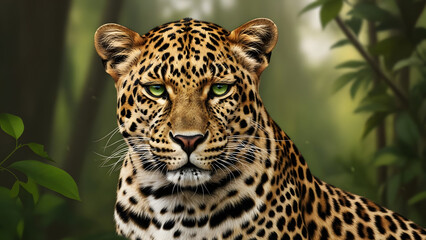 Naklejka premium Close up portrait of a majestic leopard with striking green eyes in a lush jungle