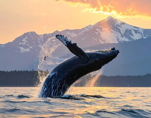 Spectacular humpback whale breaching against the scenic backdrop of snow-capped mountains