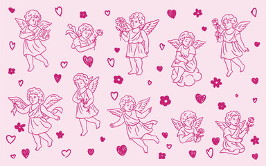 Set of cute Cupid or angel characters in hand-drawn doodle style. Vector illustration for Valentine's Day, wedding, and romantic design.