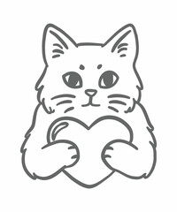Cute cat character holding a heart in its paws. Hand-drawn doodle illustration in outline sketch style, perfect for Valentine's Day and pet love design.