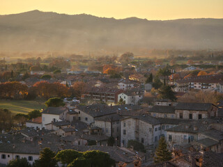Panoramic view of Gubbio on cold winter day of december in Umbria region, Italy