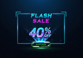 Futuristic neon light flash sale announcement with 40 percent discount