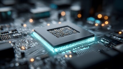 Obraz premium Close-up reveals a high-tech computer CPU chip on a motherboard with glowing blue neon circuits symbolizing data processing power.