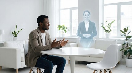 African American man interacting with virtual woman. Manager having futuristic holographic video call. Digital business meeting, metaverse technology.