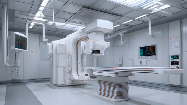 Empty diagnostic X-ray room with smooth wall panels, advanced gantry, and gloves folded precisely