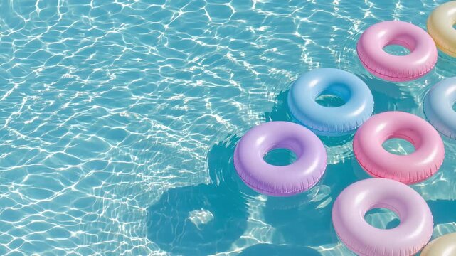 Summer background with pastel semi-transparent pool rings floating in blue swimming pool water, top view aerial shot for vacation wallpaper.