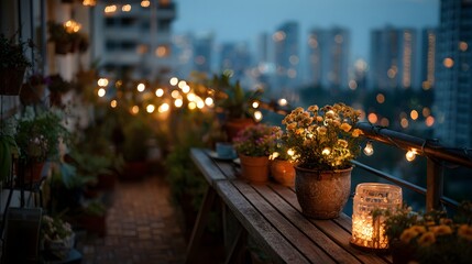 Obraz premium Cozy apartment balcony at dusk features potted plants wrapped in warm fairy lights while city lights twinkle in the distant view.