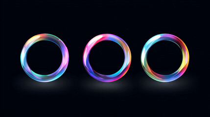 Three iridescent circles on a dark background glowing with rainbow light
