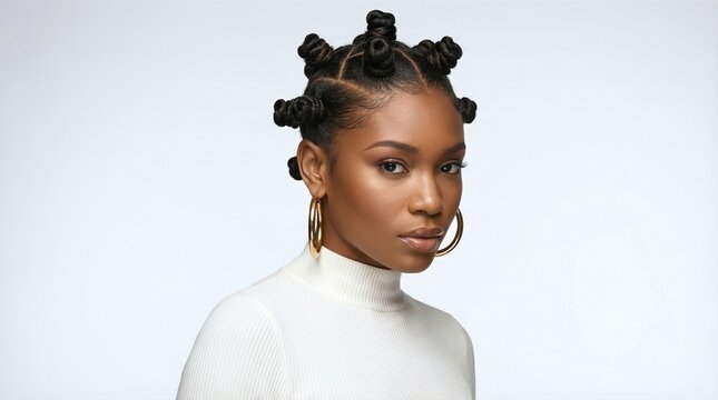 African american woman with bantu knots hairstyle. Celebrating Black History Month with traditional black female hair style. Beauty and culture.