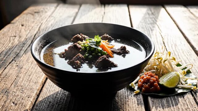 Establishing medium shot of a large bowl of deep black rawon soup sitting peacefully on a rustic wooden table bathed in soft ambient window light presentation, gastronomy, bowl