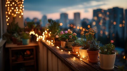 Obraz premium Cozy apartment balcony at dusk features potted plants wrapped in warm fairy lights while city lights twinkle in the distant view.