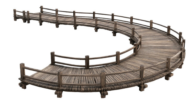 Curved wooden elevated pathway with railings, isolated against a transparent black background